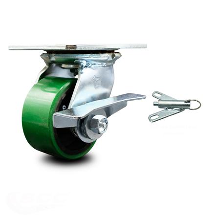 SERVICE CASTER 4 Inch Green Poly on Cast Iron Caster with Roller Bearing and Brake/Swivel Lock SCC-35S420-PUR-GB-SLB-BSL